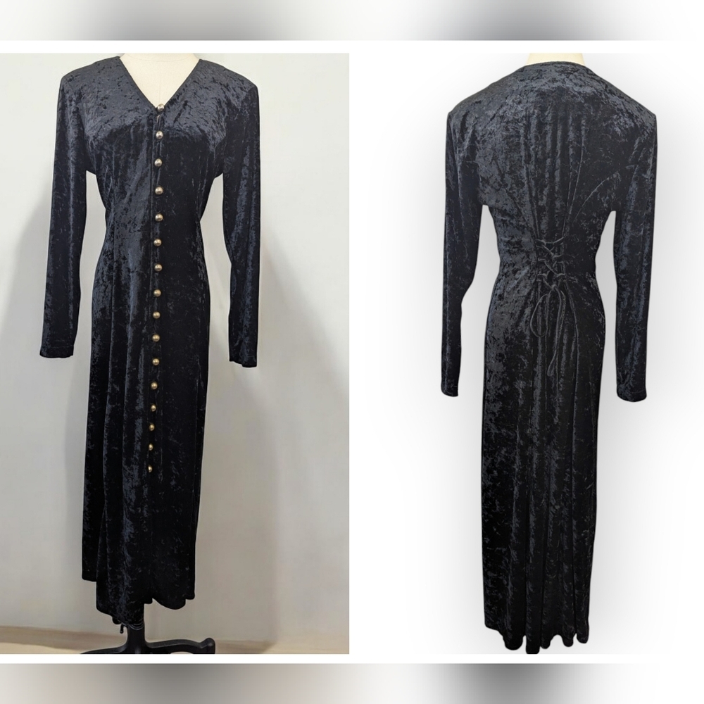 Vintage 90s Whimsigoth Velvet Corset Midi Dress Button Thru Dress